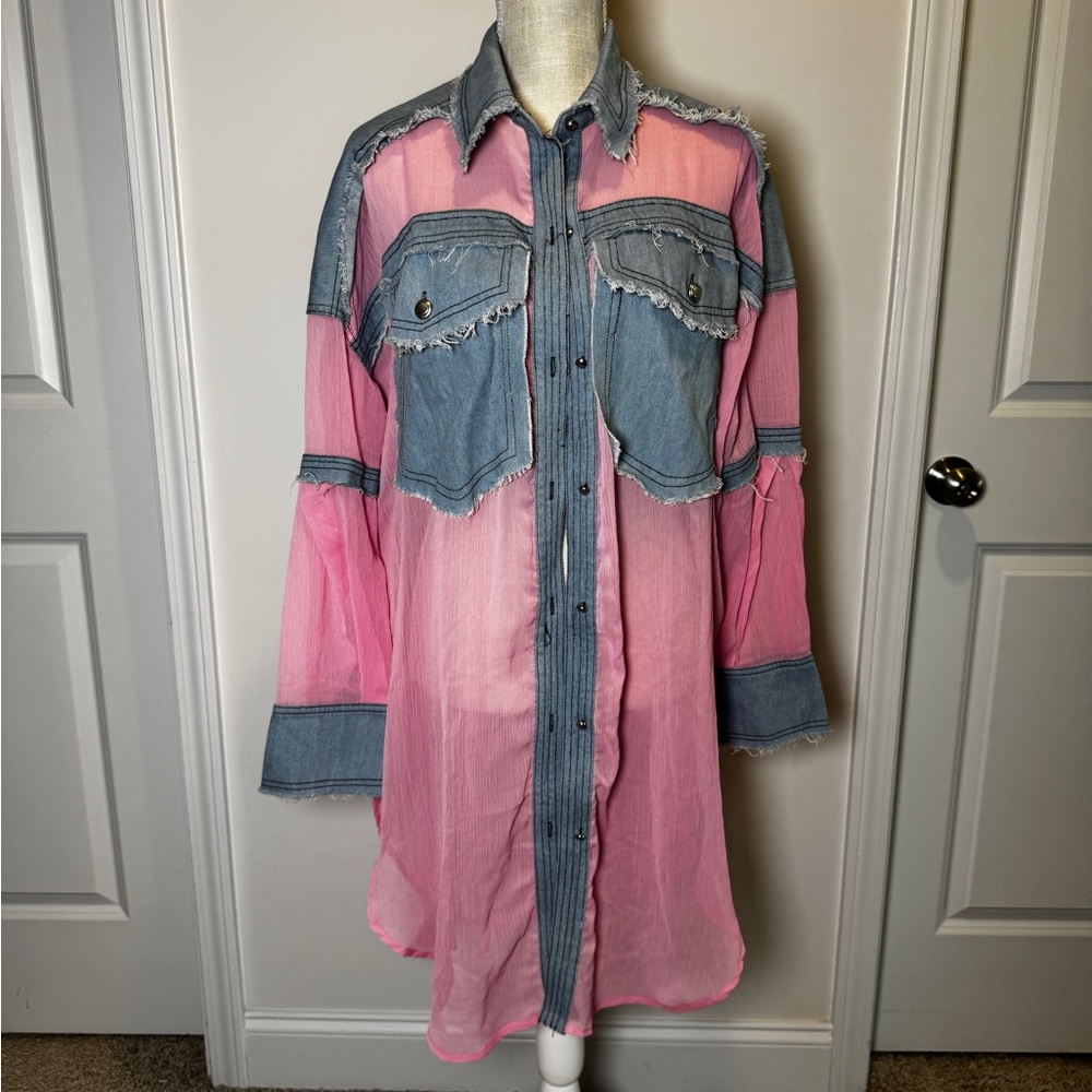Chic Denim and Pink Sheer Blouse